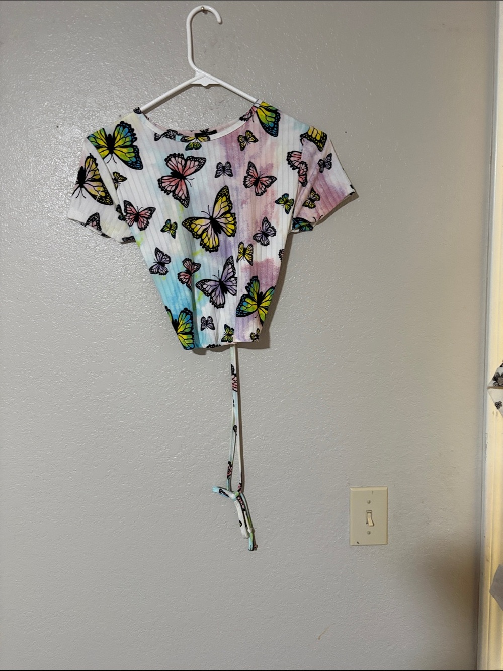 Motel Rocks Pastel Rainbow Butterfly Tie-Front Crop Top